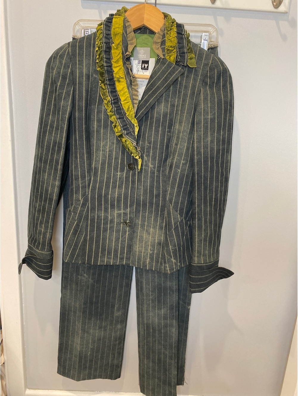 Versace Jeans Couture vintage y2k distressed pinstripe ruffled Italian suit 28